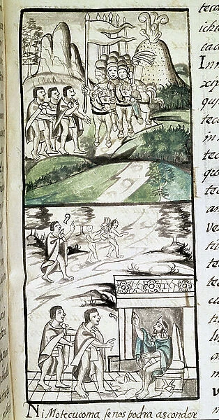 Codex of the conquest of Mexico: the emissaries of Montezuma, or Moctezuma II Aztec emperor meeting the Spanish, 16th century (miniature)