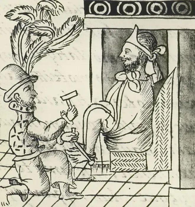 Framed Print : Codex of the conquest of Mexico: outbreak of war, The Aztec emperor Montezuma put in irons, 16th century (miniature) Framed Print : Codex of the conquest of Mexico: outbreak of war, The Aztec emperor Montezuma put in irons, 16th century (miniature)