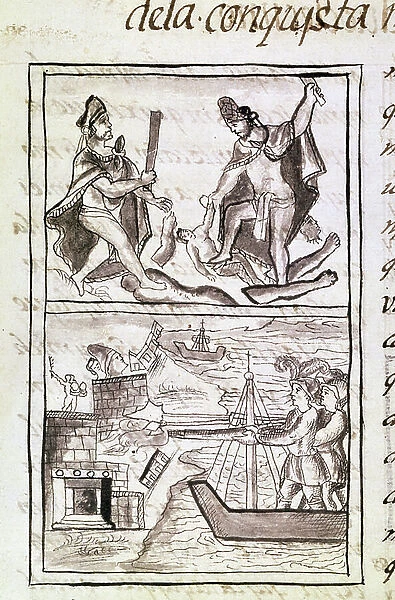 Codex of the conquest of Mexico: Quauhtenco and Mayenatzin punish traitors, 16th century (miniature)