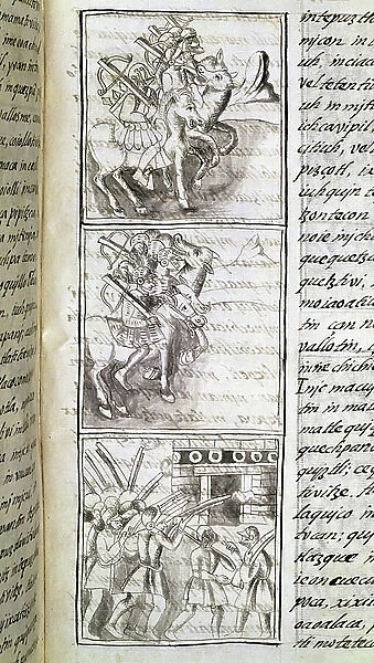 Codex of the conquest of Mexico: the Spaniards ready to attack the city of Tenochtitian. Miniature of the Florentine manuscript Storia degli Aztechi (History of the Aztecs) by Bernardino de Sahagun, 1569-1575. Ref: MS. Pal.220, c.430
