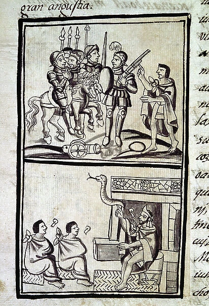 Codex of the conquest of Mexico: Spanish soldiers on a battlefield. Below: Montezuma, or Moctezuma II Aztec emperor (1466-1520), listens to the description of the conquistadors