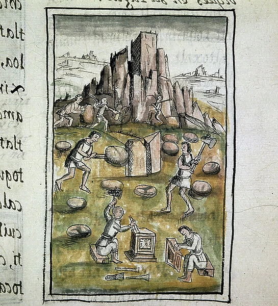 Codex of the conquest of Mexico: Stone work, 16th century (miniature)