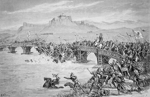 The collapse of the bridge during the Battle of Stirling Bridge, in 1297