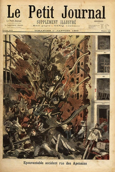 The collapse of a building under construction at 40 rue des Appenins, Paris, burying twenty workers on the site. Engraving in 'Le petit journal'1  /  1  /  1899. Selva Collection