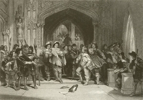 Colonel Pride excluding the Members obnoxious to the Army from the House of Commons (engraving)