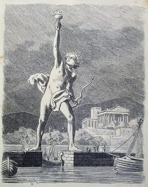 The Colossus of Rhodes, from a series of the Seven Wonders of the Ancient World, 1886 (engraving)