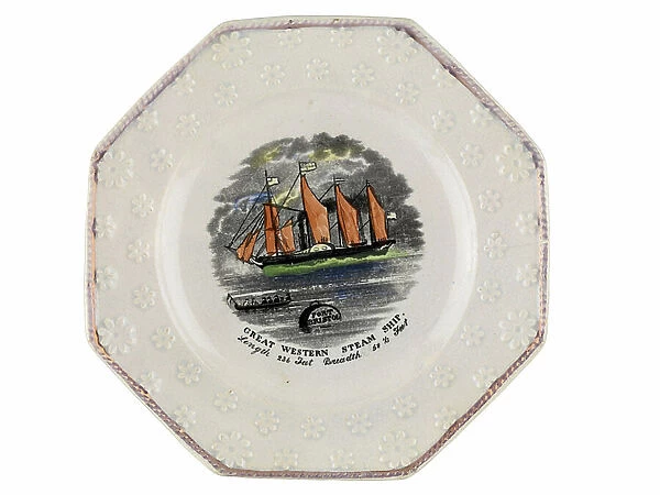 Colour-printed plate, representing Brunel's Great Western, with full sail and full steam. Pottery, c.1860 (printed pottery)