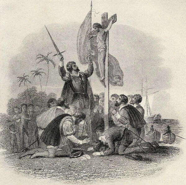 Columbus (1451-1506) landing in the New World, illustration in The Quest of The Indies