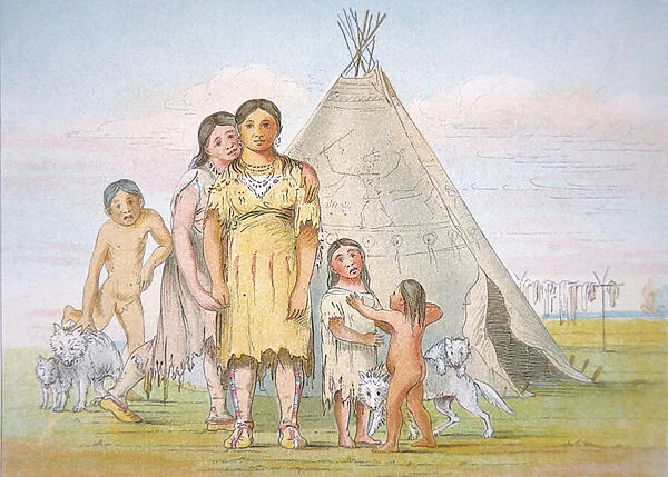 A Comanche family outside their teepee, 1841 (colour litho)