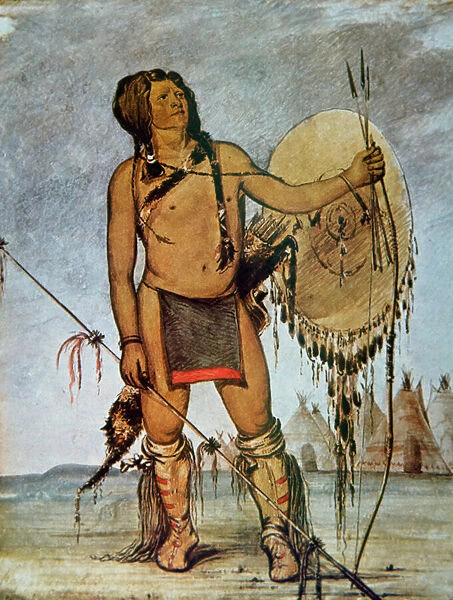 Comanche warrior with a shield, lance and bow and arrows, c. 1835 (colour litho)