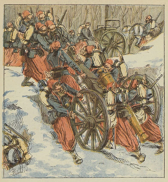 Combat de Chilleurs-aux-Bois, Les zouaves retirent deux pieces de 12 d un fosse, sous le feu des Prussiens (colour litho)