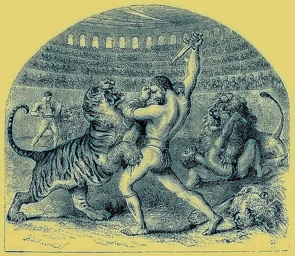 Combat of Gladiators with Wild Animals, illustration from The Illustrated History of the World, published c. 1880 (digitally enhanced image)