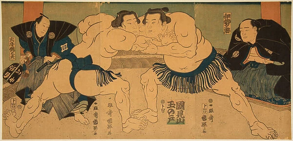 Combat de lutteurs de sumo, Tagasugo contre Ayusegawa. Estampe de Utagawa Kuniteru