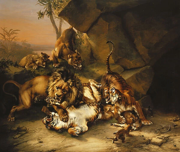 Combat de Tigres et de Lions, (oil on canvas)