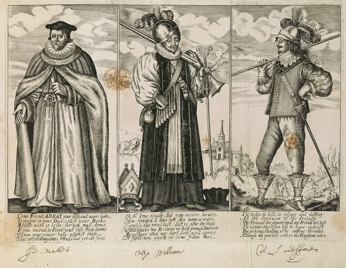 Framed Print : 'Come Friend Array Your Selfe...' Three figures, the figure on the left being Judge Thomas Mallet, middle, William Laud, Archbishop of Canterbury Framed Print : 'Come Friend Array Your Selfe...' Three figures, the figure on the left being Judge Thomas Mallet, middle, William Laud, Archbishop of Canterbury