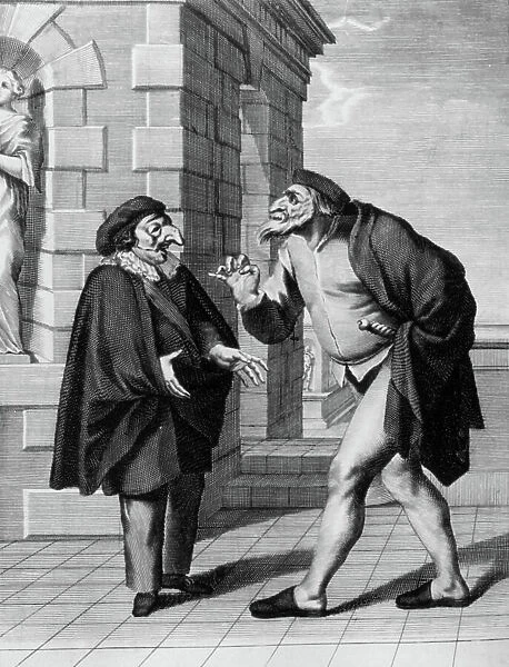 Commedia dell'arte characters : Polichinelle and Pantalon, engraving, 17th century