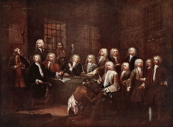 A committee of the House of Commons at the Fleet Prison, 1729, illustration from Hutchinsons Story of the British Nation, c. 1923 (colour litho)