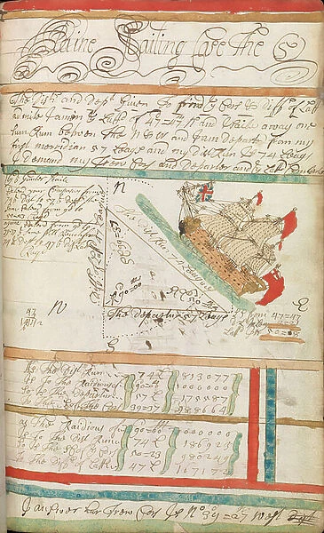 Commonplace workbook kept by William Spink, RN, including mathematical calculations and methods for calculating at sea, 1697-1705 (paper, ink)
