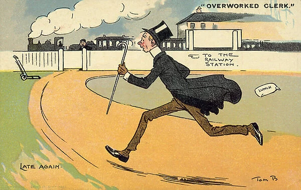 Commuting: an overworked clerk running late for his train to work (chromolitho)