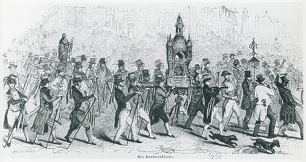 Companions of the Tour de France celebrating, c. 1845 (engraving) (b / w photo)