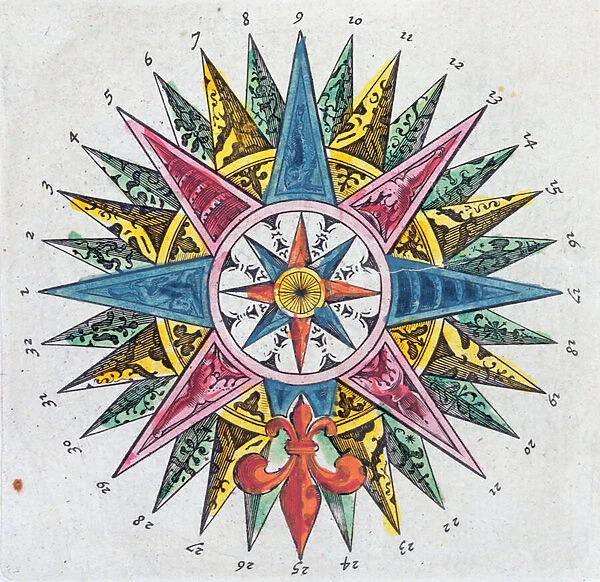 Compass Rose, from a Blaue Atlas, published in Amsterdam, 1697 (coloured engraving)