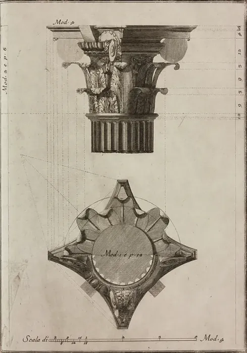 Framed Print : Composite capital (front elevation and section), engraving from Il Vignola Illustrato, by Giambattista Spampani and Carlo Antonini, printed by Marco Pagliarini, 1770, Rome