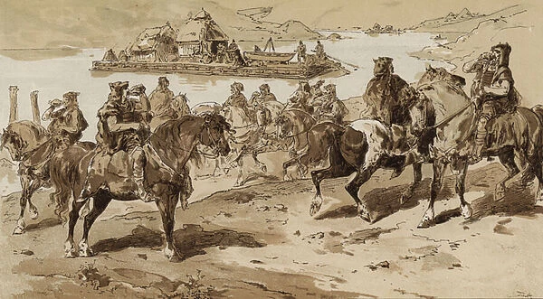Conch blowers and raft in primitive times (litho)