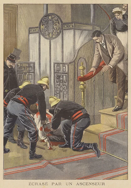 A concierge crushed to death by a lift (colour litho)