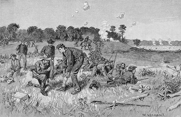 Confederate line waiting orders in the wilderness, illustration from Battles