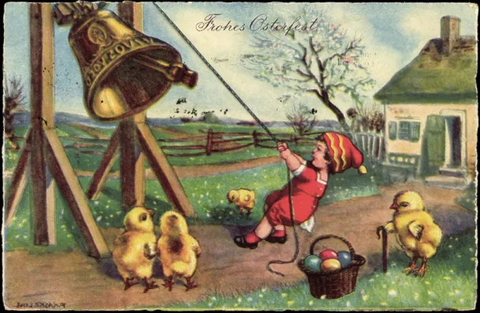 Framed Print : Congratulations Easter, boy ringing bell, chick, eggs