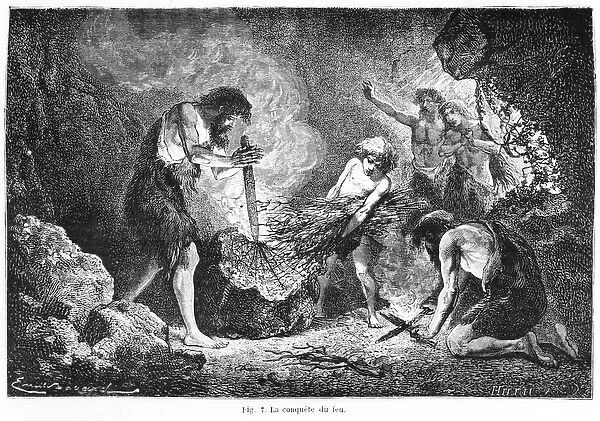 Conquest of fire, illustration from L Homme Primitif