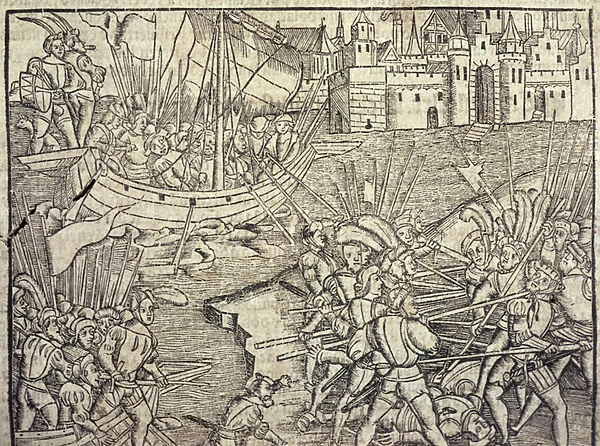 The Conquest of Peru, illustration from Historia General de las Indias y Nuevo Mundo by Francisco Lopez de Gomara (b. 1510) 1554 (engraving)