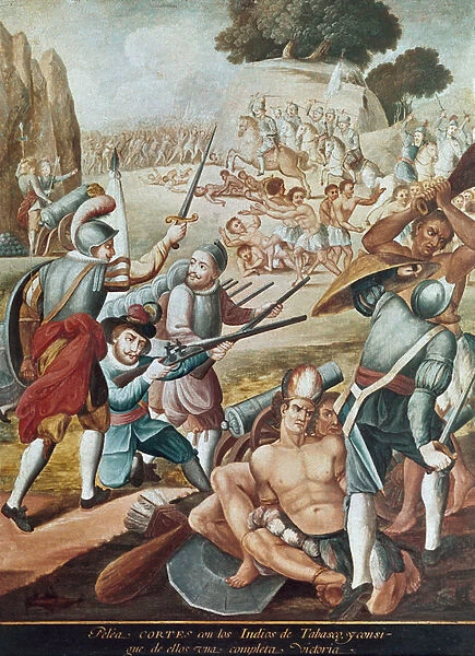 Conquete du Mexique : combat opposant Hernando Cortes (Hernan Cortez) (1485-1547) aux indiens de Tabasco en 1519'Peinture de l ecole mexicaine, 1783-1800 Madrid Americas Museum