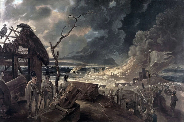 The consequences of war, scene with soldiers and cannons. Color print based on the painting by William Hodges (1744-1797)