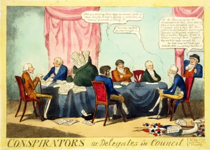 Framed Print : Conspirators or Delegates in Council, 1817 (hand-coloured engraving) Framed Print : Conspirators or Delegates in Council, 1817 (hand-coloured engraving)