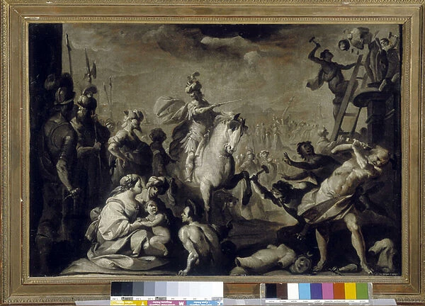 Constantine (Constantine I, Caius Flavius Valerius Aurelius Constantinus, Roman emperor died 337) distruding idols. (maroufle paper on canvas)