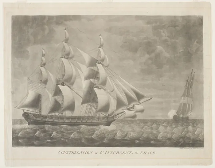 Framed Print : The Constellation and L'Insurgent, The Chace, 1799 (aquatint & engraving on creme wove paper)
