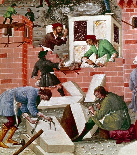 Construction of the city of Rome, detail. The workers are active in the task: Macons, Stonemasons, bearers, marble (marble) and cement (preparing cement) at work. Miniature in 'Romuleon