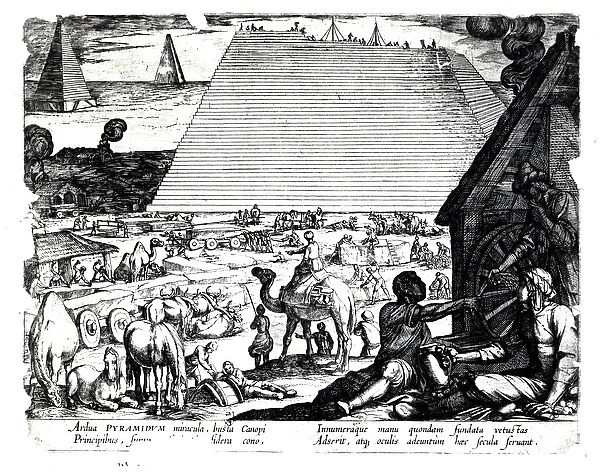 The Construction of the Pyramids (engraving) (b  /  w photo)