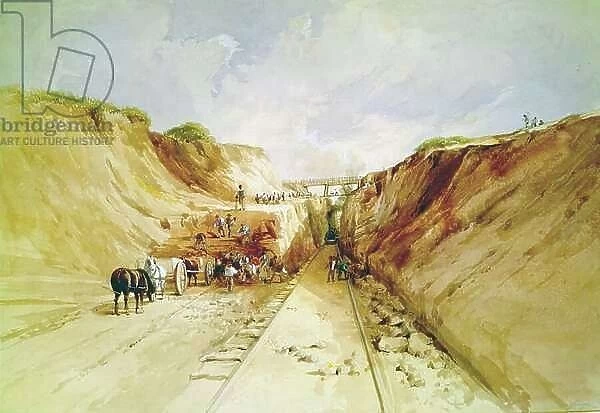 Construction of a Railway Line, 1841. Digging a cutting on the Great Western Railway. Broad gauge line by Isambard Kingdom Brunel (1806-1859) appointed engineer to the GWR in 1833. Artist: George Childes
