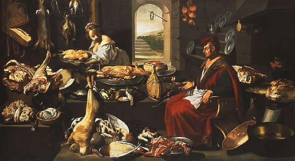 A Cook in a Well-Stocked Kitchen with a Serving Woman, (oil on canvas)