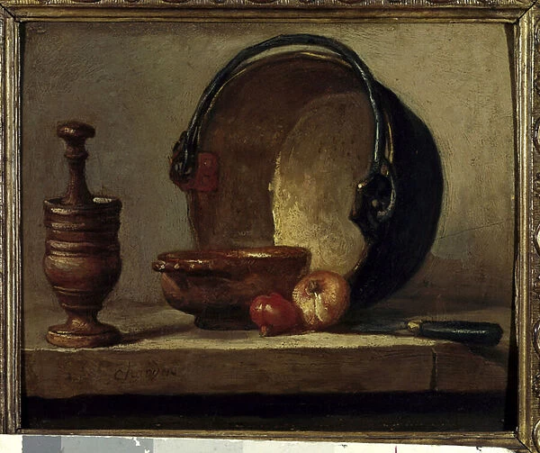 The copper chaudon still life with mortar and onions. Painting by Jean Baptiste Simeon