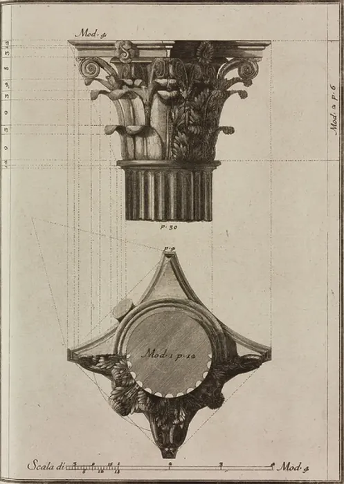 Framed Print : Corinthian capital (front elevation and section), engraving from Il Vignola Illustrato, by Giambattista Spampani and Carlo Antonini, printed by Marco Pagliarini, 1770, Rome Framed Print : Corinthian capital (front elevation and section), engraving from Il Vignola Illustrato, by Giambattista Spampani and Carlo Antonini, printed by Marco Pagliarini, 1770, Rome