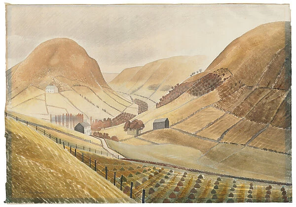 Corn Stooks and Farmsteads - Hill Farm, Capel-yffin, Wales, 1938 (pencil & w  /  c on paper)
