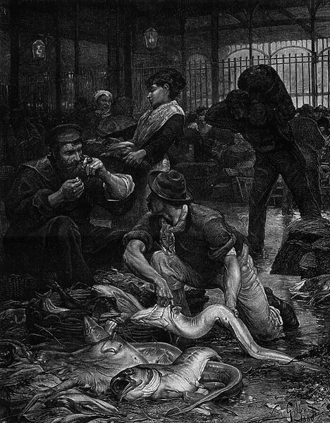 A corner of the Fish Hall in the morning (1880). Engraving after the painting by Victor