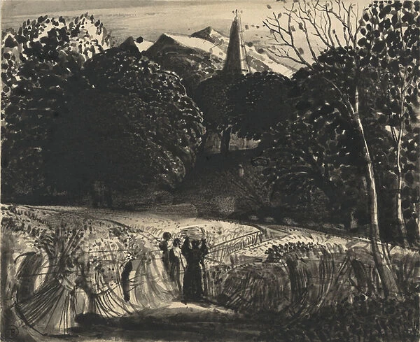Cornfield and Church by Moonlight (brush & black ink on paper)