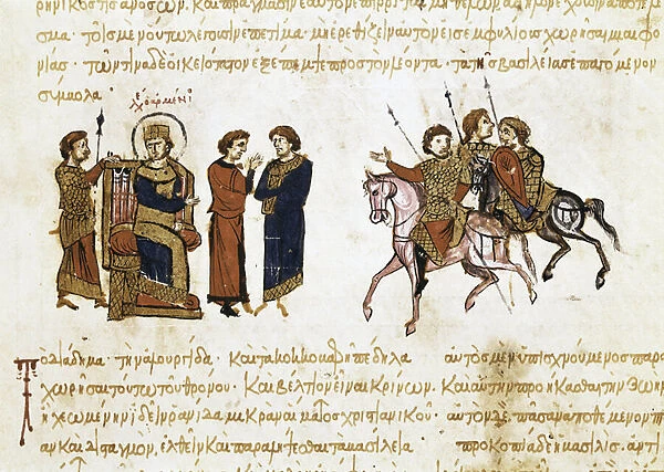 The coronation of the Byzantine Emperor Leon V the Armenian (775-820), miniature from 'Synopsis historiarum', c. 1126-1150, 12th century (illuminated manuscript)