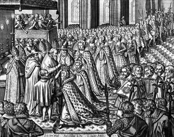 Coronation of French Queen Marie de Medicis on May 13, 1610 in St Denis abbey, France, engraving by Leonard Gaultier and Le Clerc, 1610. The dauphin, future King Louis XIII, touching the crown