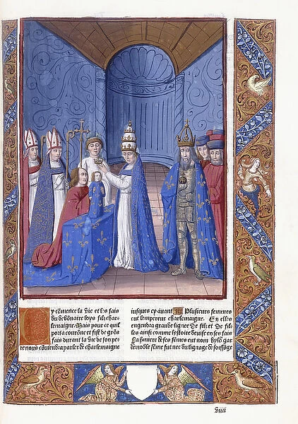 Coronation of Louis the Pious, 1493 (illuminated printed woodcut on vellum)