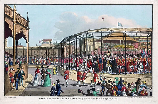 Coronation procession of George IV (1762-1830), St James Park, London, 19 July 1821. The balloon in the sky on right is Charles Green's, making the first successful flight using coal gas. Artist W Heath